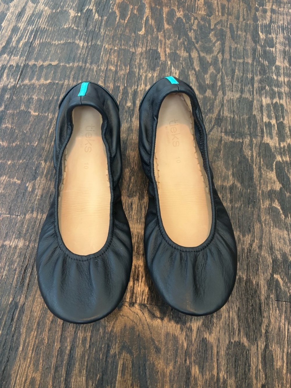 Tieks Black Leather Ballet Flats with Teal Heel Tab